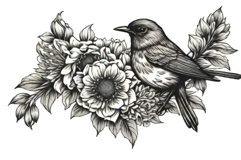 robin with mums, coneflowers, and carnations  tattoo design idea