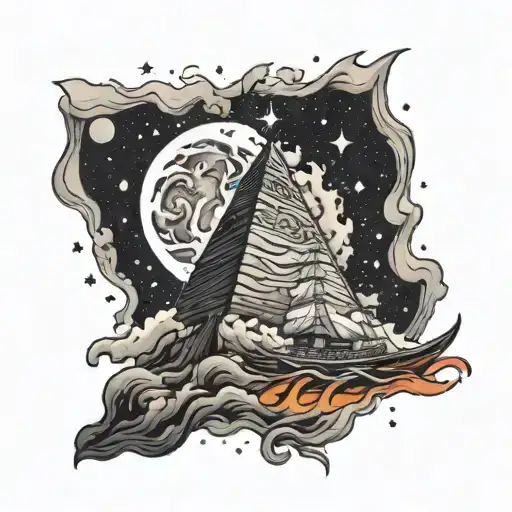 pyramind, big wave, stars, planets, volcano, space, big ship tattoo design idea
