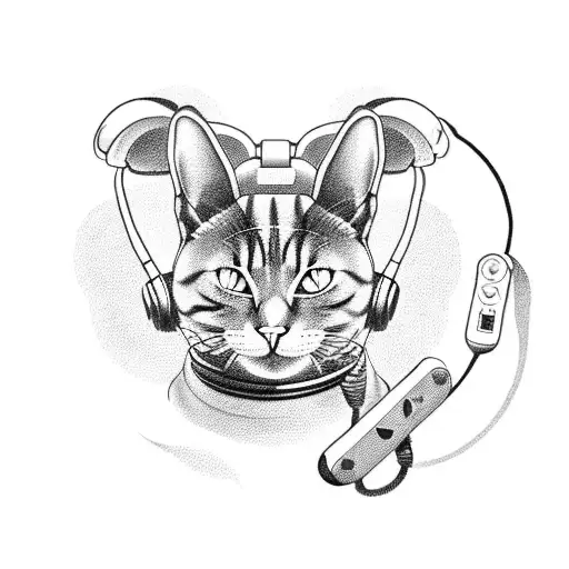 A blackwork tattoo of a cat wearing headphones and holding a gaming controller tattoo design idea