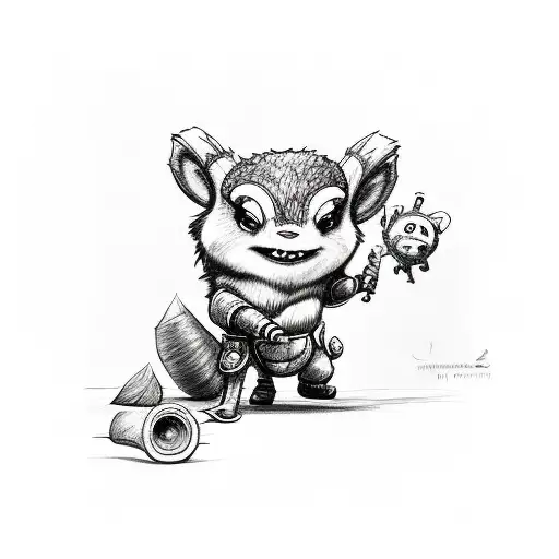 A sketch of Teemo surrounded by Bandópolis landmarks tattoo design idea