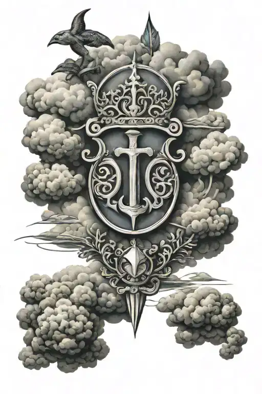 barbados trident surrouned by clouds forming the shape tattoo design idea