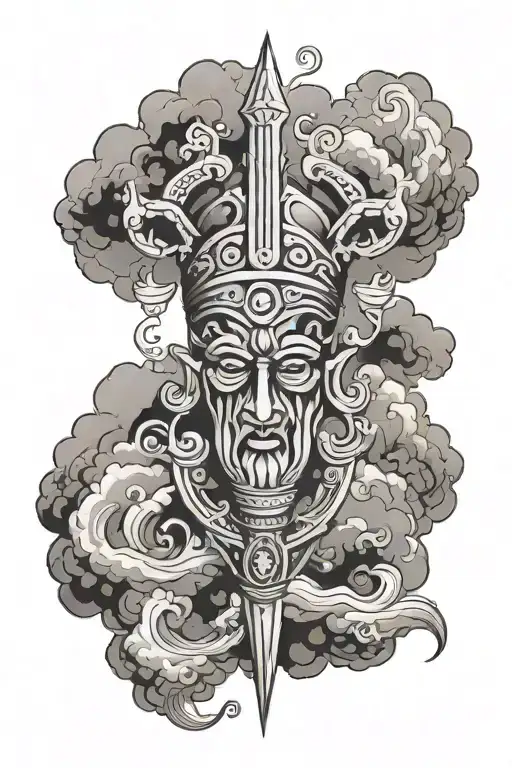barbados trident surrouned by clouds forming the shape tattoo design idea