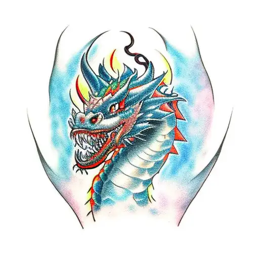A bold and vibrant tattoo of a dragon breathing fire, surrounded by Gotham City skyscrapers tattoo design idea