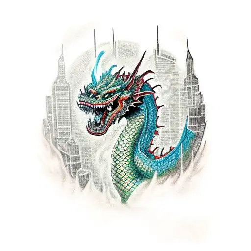 A bold and vibrant tattoo of a dragon breathing fire, surrounded by Gotham City skyscrapers tattoo design idea