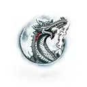 A bold and vibrant tattoo of a dragon breathing fire, surrounded by Gotham City skyscrapers tattoo design idea