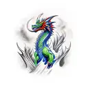 A bold and vibrant tattoo of a dragon breathing fire, surrounded by Gotham City skyscrapers tattoo design idea