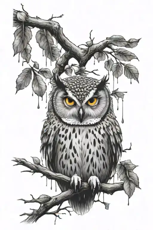 Owl, rain and tree tattoo design idea