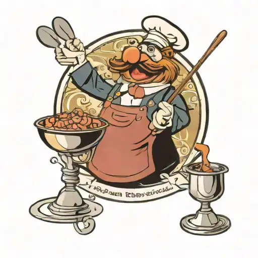 muppet Swedish chef roasting muppet miss piggie on a spit tattoo design idea
