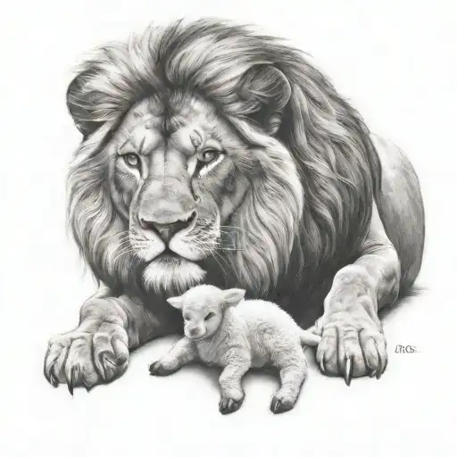 angry lion standing guarding a happy lamb laying at its feet tattoo design idea