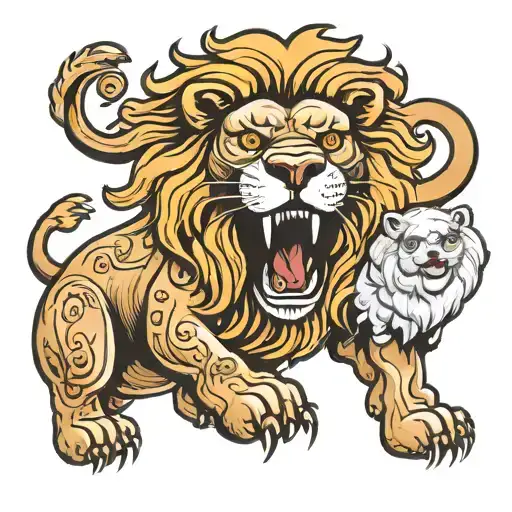 angry lion guarding a happy lamb tattoo design idea