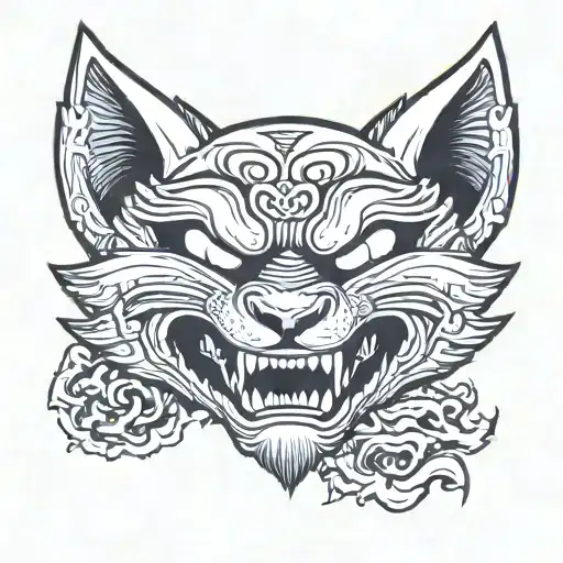 A japanese kitsune mask split in half exposing a demonic face.  tattoo design idea