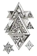 A penrose triangle surrounded by geometric artwork that flows into a spine tattoo tattoo design idea