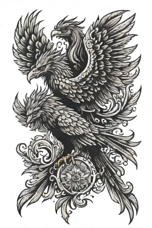 majestic pheonix gaurding a lion tattoo design idea