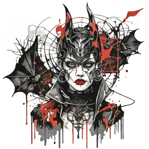A gothic woman, a bat, cobwebs and a burning cathedral, her eyes black and tattoo design idea