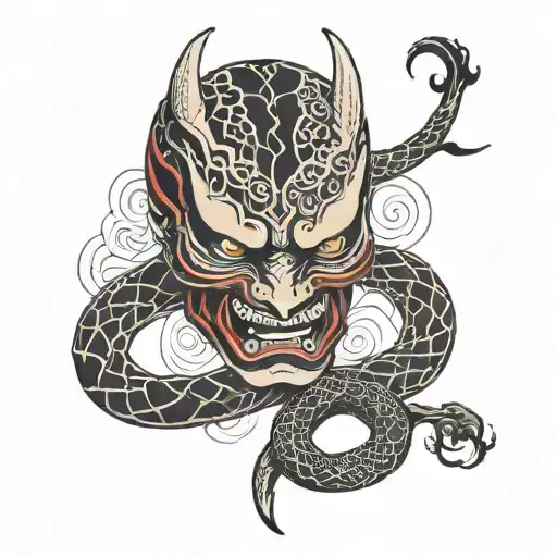 demon red mask with black calligraphy style inside snake  tattoo design idea