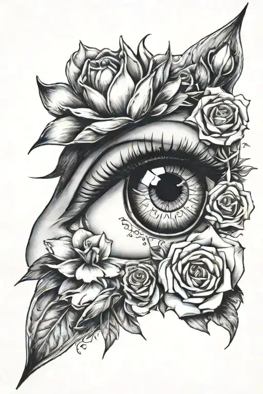 female eye with a tulip and rose surrounded tattoo design idea