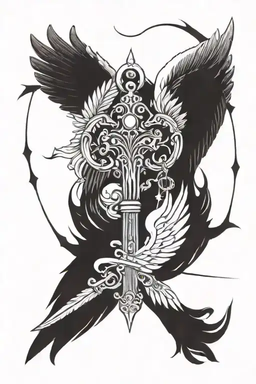 ancient key, featuring bright white angel wings on one side, and dark, spooky demon wings in the other side. tattoo design idea