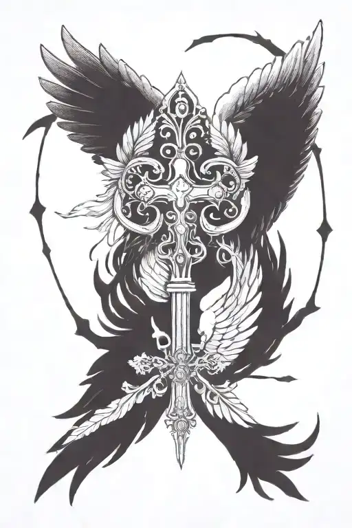 ancient key, featuring bright white angel wings on one side, and dark, spooky demon wings in the other side. tattoo design idea