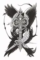 ancient key, featuring bright white angel wings on one side, and dark, spooky demon wings in the other side. tattoo design idea