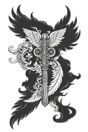 ancient key, featuring bright white angel wings on one side, and dark, spooky demon wings in the other side. tattoo design idea