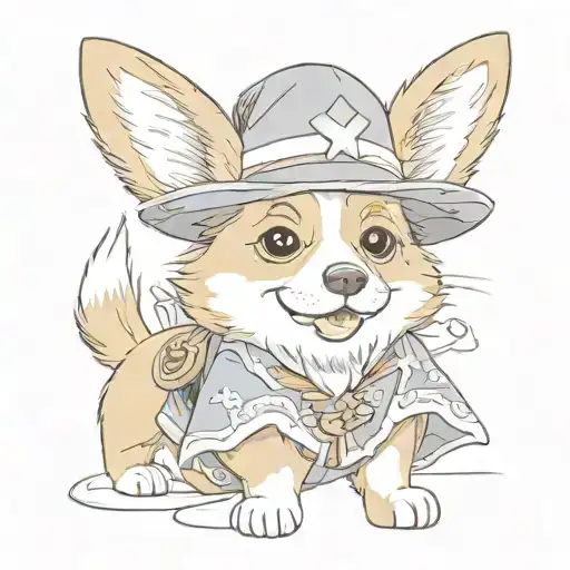 a corgi dressed as luffy from one piece playing yugioh card game fish deck tattoo design idea