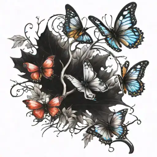 autumn maple leaves on a branch with 3d butterflies and poppies tattoo design idea