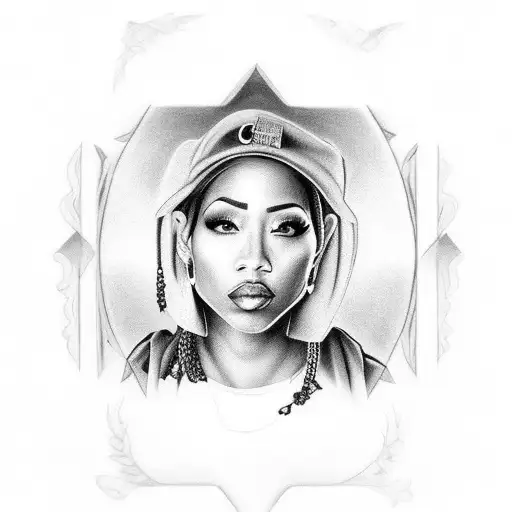 A black and grey tattoo of a chicana with chicana elements, utilizing realistic textures and shading tattoo design idea