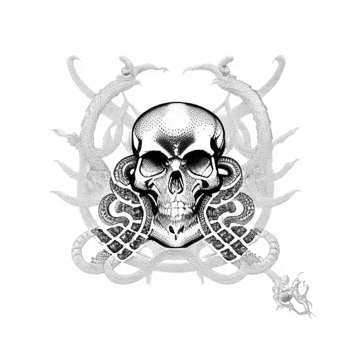 piston with snakes and skulls tattoo design idea
