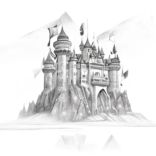  in the background there is a castle in dark outline without fill, and in the f tattoo design idea