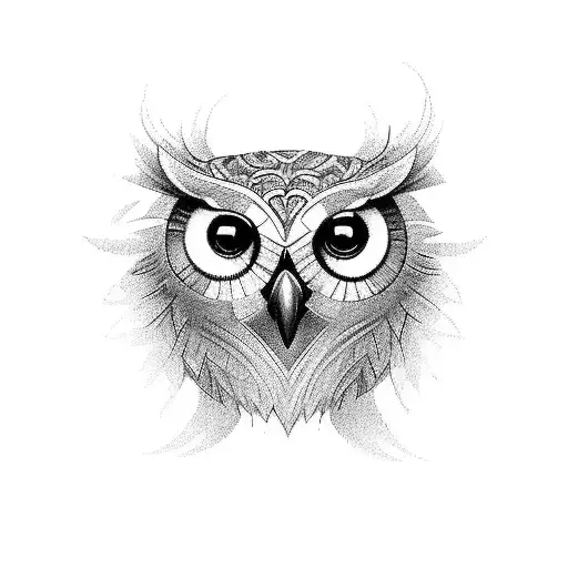 Create a tattoo of an owl head surrounded by intricate geometric patterns, symbolizing family and incorporating the birthdays Oct 23, 2001 and Aug 20, 2004 tattoo design idea