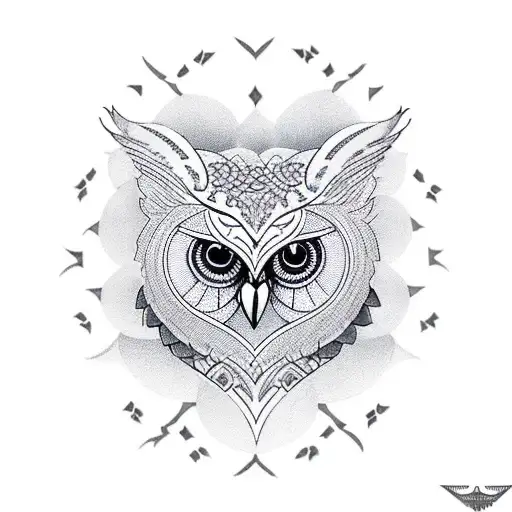 Create a tattoo of an owl head surrounded by intricate geometric patterns, symbolizing family and incorporating the birthdays Oct 23, 2001 and Aug 20, 2004 tattoo design idea