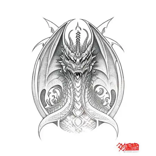 An imposing dragon with a menacing expression, its body covered in intricate red and black tribal designs tattoo design idea