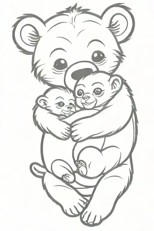 bear cub hugging baby monkey holding tattoo design idea