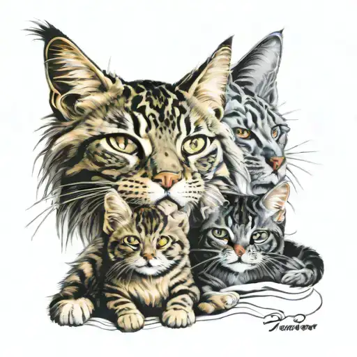two cats, Maine Coon and Abyssinian breeds contempt" surrounded tattoo design idea