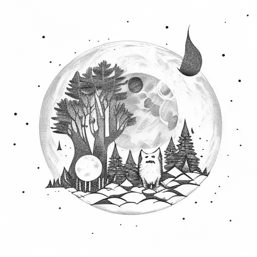 lobo en un bosque , con sus hijos la luna de fondo tattoo design idea