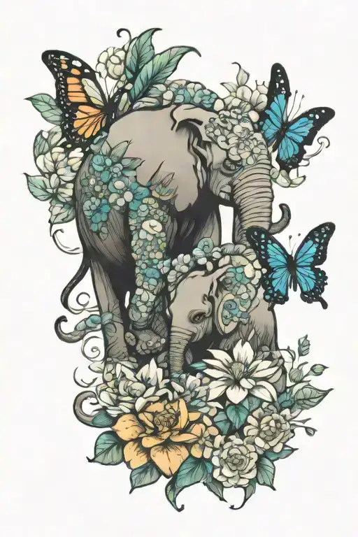 elephants, turtles, flowers, and butterflies  tattoo design idea