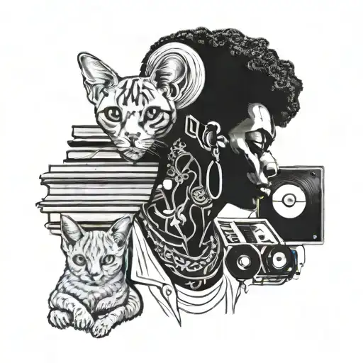A portrait of a painter with a sphinx cat perched on their shoulder, surrounded by vinyl records and afro hair tattoo design idea