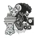 A portrait of a painter with a sphinx cat perched on their shoulder, surrounded by vinyl records and afro hair tattoo design idea