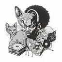 A portrait of a painter with a sphinx cat perched on their shoulder, surrounded by vinyl records and afro hair tattoo design idea