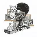 A portrait of a painter with a sphinx cat perched on their shoulder, surrounded by vinyl records and afro hair tattoo design idea