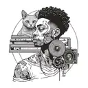A portrait of a painter with a sphinx cat perched on their shoulder, surrounded by vinyl records and afro hair tattoo design idea