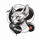 A sphinx cat surrounded by swirling vinyl records and graffiti-style hip hop lyrics tattoo design idea