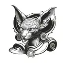 A sphinx cat surrounded by swirling vinyl records and graffiti-style hip hop lyrics tattoo design idea