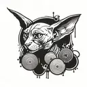A sphinx cat surrounded by swirling vinyl records and graffiti-style hip hop lyrics tattoo design idea