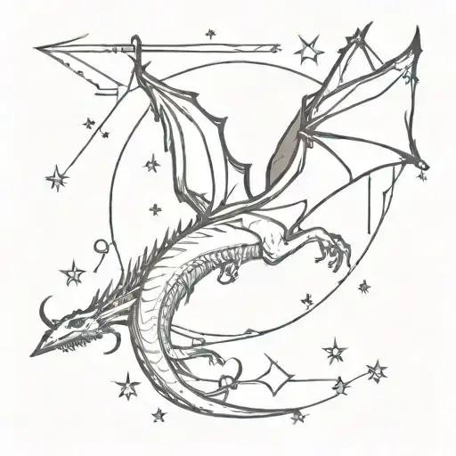 a dragon flying with small stars behind him, but add a knife into it and an arrow tattoo design idea