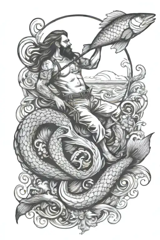 fisherman with mermaid with octopus and salmon  tattoo design idea