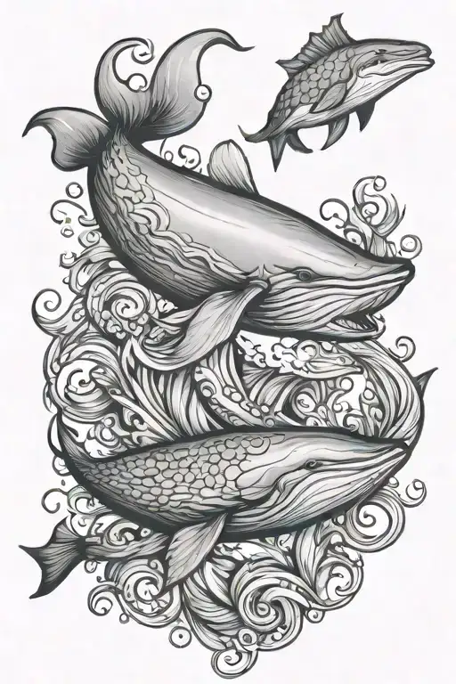whale  with mermaid with octopus and salmon  tattoo design idea
