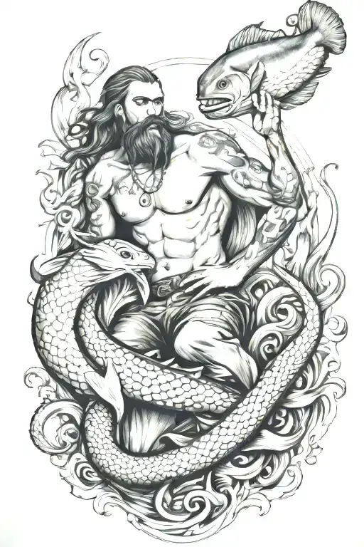 fisherman with mermaid with octopus and salmon  tattoo design idea