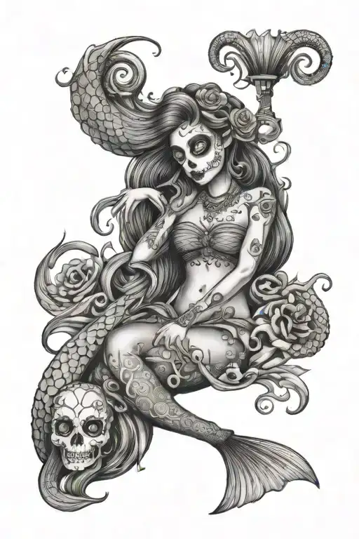 day of dead mermaid with salmon and an octopus  tattoo design idea
