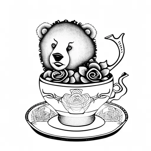 curly haired bear cub with roses in a tea cup tattoo design idea